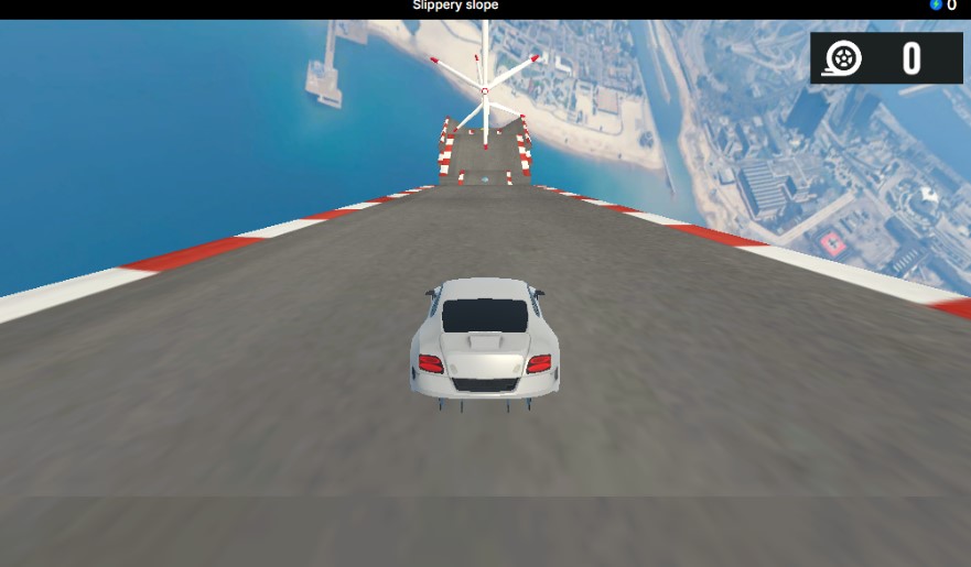 Slippery Slope: Player sliding down a steep, slippery slope while avoiding obstacles in a fast-paced arcade game.